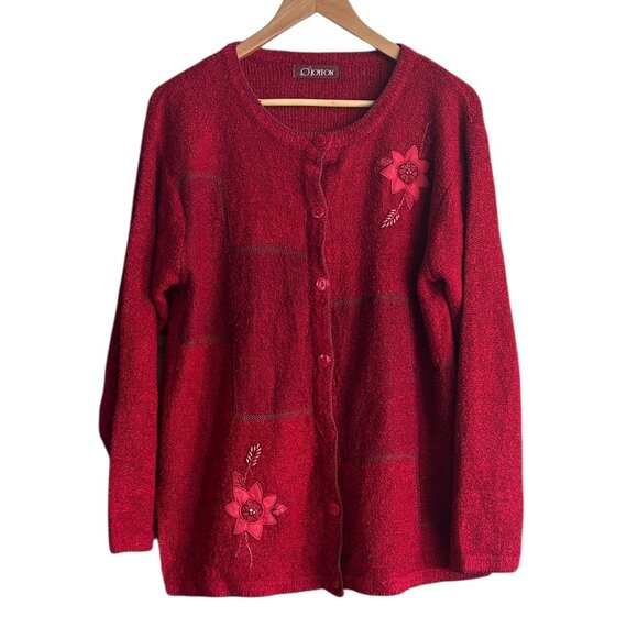 Vintage Sweaters - Vintage Red Embroidered Beaded Cardigan Womens L Sparkly Cozy Cabin Grandma Core
